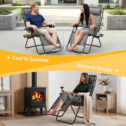 NEWBULIG Zero Gravity Chairs Set of 2, Folding Lounge Chair, Grey | Portable Lawn Camping Recliner with Adjustable Pollow, Mesh Back, Cup Holder Trays for Pool Beach Patio