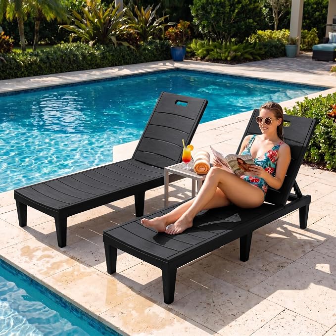 Greesum 4-Pack Adjustable Chaise Lounges, Black | 5-Pos Recline, Waterproof PP, UV-Resist, Stackable, Easy-Clean, for Pool/Patio/Beach, Tool-Free