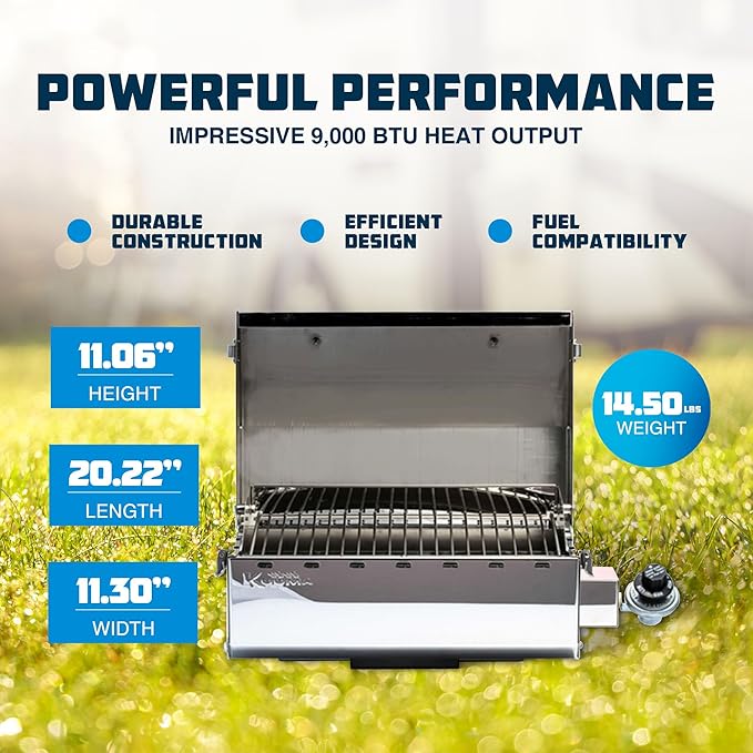 Camco Kuuma Stow N Go 125 Stainless Steel Gas Grill with Latch, Handle, and Pedestal Mount for Patio, Lawn, and Garden, Silver