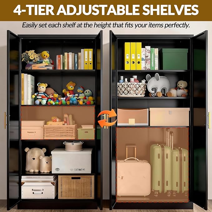 CJF Black Kitchen Pantry Cabinet,71" Tall Metal Storage Cabinet with 4 Adjustable Shelves and Doors, Freestanding Pantry Cabinet for Kitchen, Living Room, Dining Room, Bathroom, Easy to Assemble