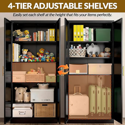 CJF Black Kitchen Pantry Cabinet,71" Tall Metal Storage Cabinet with 4 Adjustable Shelves and Doors, Freestanding Pantry Cabinet for Kitchen, Living Room, Dining Room, Bathroom, Easy to Assemble