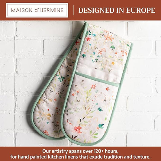Maison d' Hermine Double Oven Mitts 100% Cotton 7"x35" Double Oven Mitt Heat Resistant BBQ Cooking Gloves with Loop Baking Grilling Kitchen Hotel Home Farmhouse Spring Summer (Colmar)