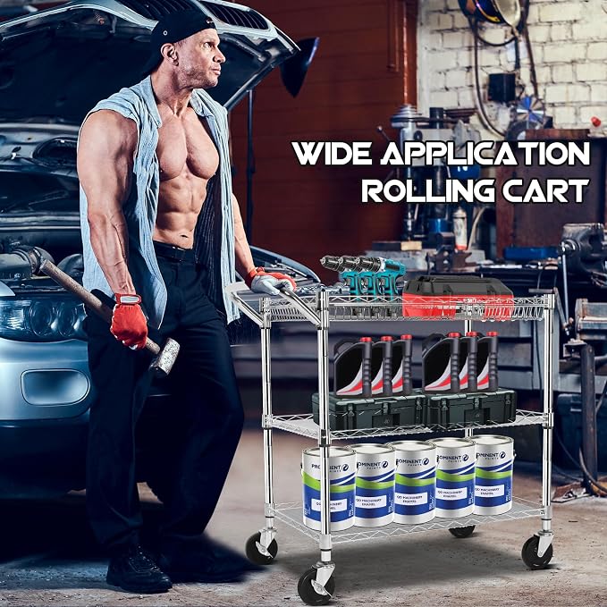 YNN Chrome Utility Rolling Cart,990Lbs 3 Tier Heavy Duty Metal Cart with Wheels & Handle NSF Wheeled Cart 31" D x 18" W x 33" H for Bedroom, Bathroom, Kitchen,Garden,Decor,Serving