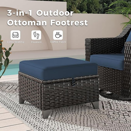 7 Pieces Patio Conversation Furniture Set - 1 Sofa, 2 Armchairs, 2 Ottomans, 2 Swivel Chairs, Outdoor Wicker Furniture with Removable Cushions for Porch, Balcony, Sunroom (Blue)