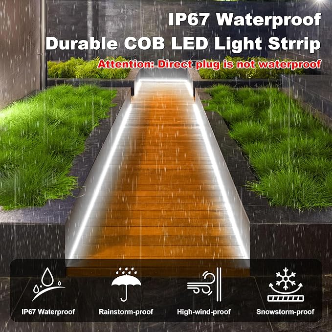 Gliztech IP67 Waterproof COB LED Strip Lights AC 110V-120V Direct Plug, 100FT Super Bright Outdoor Strip Lights with Double Fuse Controller, 6500K White LED Strips for Garden Patio Commercial Decor