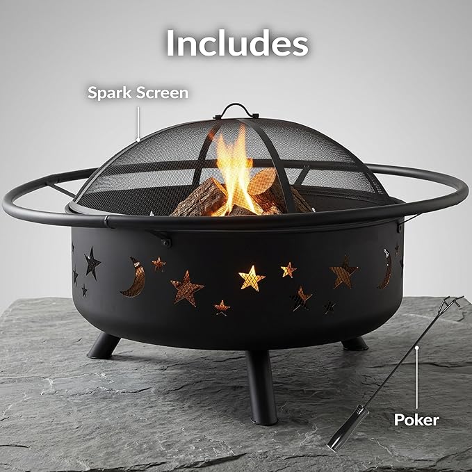 Sunnydaze Cosmic 42-Inch Large Outdoor Fire Pit - Wood-Burning Firepit for Outside Patio, Backyard, Deck - Steel - Wood Grate, Spark Screen, and Fireplace Poker Included - Black - 31” Bowl Diameter