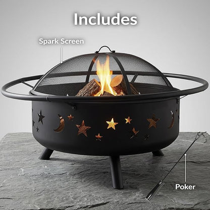 Sunnydaze Cosmic 42-Inch Large Outdoor Fire Pit - Wood-Burning Firepit for Outside Patio, Backyard, Deck - Steel - Wood Grate, Spark Screen, and Fireplace Poker Included - Black - 31” Bowl Diameter