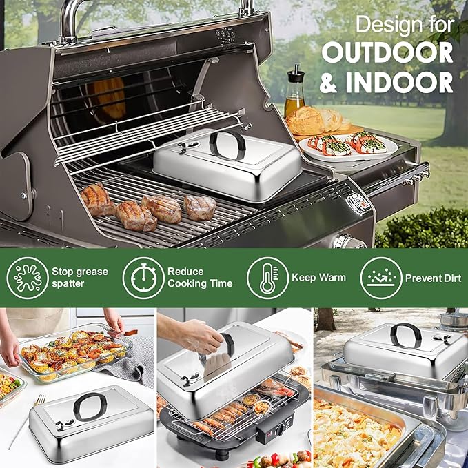 1Piece Basting Cover Melting Dome for Griddle (13 x 9.8"), Joyfair Rectangular Stainless Steel Cheese Melt Lid for Outdoor Flat Top Grill, Heat-Resistant Handle & Dishwasher Safe (With Vent)
