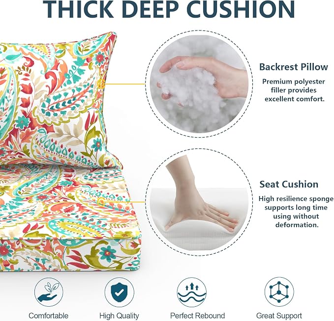 DYTXIII Outdoor Deep Seat Cushion Set, Water Repellent 22"x22" Patio Thick Cushions Replacement with Seat & Back Pillow for Patio Sofa, Wicker Chair, Couch - Pretty Paisley