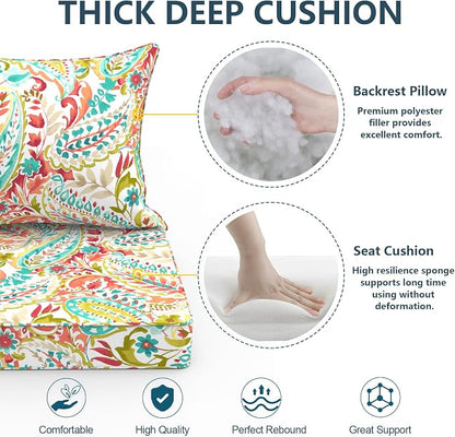 DYTXIII Outdoor Deep Seat Cushion Set, Water Repellent 24"x24" Patio Thick Cushions Replacement with Seat & Back Pillow for Patio Sofa, Wicker Chair, Couch - Pretty Paisley