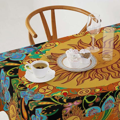 Vintage Boho Sun Tablecloth Wildflower Floral Bohemian Hippie Sun Table Cloth Water Resistant Wipeable Table Cover for Farmhouse Picnic Party Holiday Kitchen Dinner Table 60"x120"