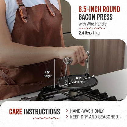 Victoria Round Cast-Iron Meat Press with a Wire Handle, Preseasoned with Flaxseed Oil, Made in Colombia