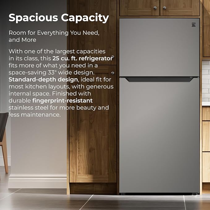 Kenmore 25 cu. ft. 33" Wide Top Mount Refrigerator - FPR Stainless Steel | Adjustable Glass Shelving, Crisper Drawers, Gallon Door Bins, LED Lighting, Fingerprint Resistant SS, ENERGY STAR Certified
