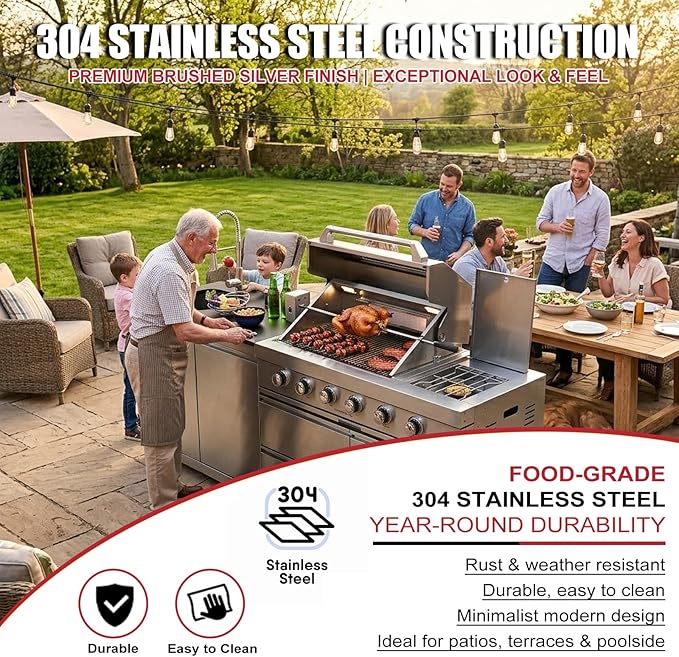 Outdoor Kitchen Island, BBQ Gas Grill, 6-Burner Propane Gas Grill with Rear & Side Burner, 75,300 BTU Stainless Steel Barbecue Grill with Sink & Granite Countertops for Patio Backyard (Silver-84.9")