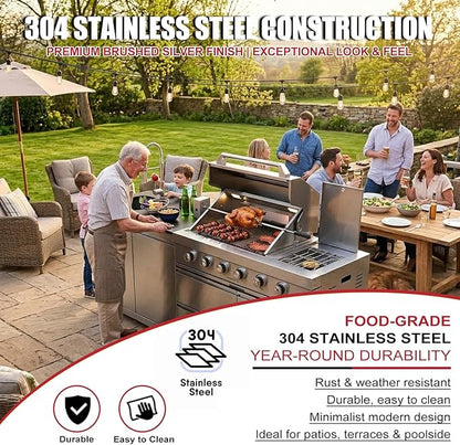 Outdoor Kitchen Island, BBQ Gas Grill, 6-Burner Propane Gas Grill with Rear & Side Burner, 75,300 BTU Stainless Steel Barbecue Grill with Sink & Granite Countertops for Patio Backyard (Silver-84.9")