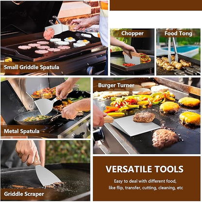 25Pcs Griddle Accessories Kit for Blackstone, Joyfair Stainless Steel Flattop Grilling Spatula Accessory Tools Set with Smash Burger Press Basting Cover for Outdoor BBQ Hibachi Cooking (Wooden Handle)