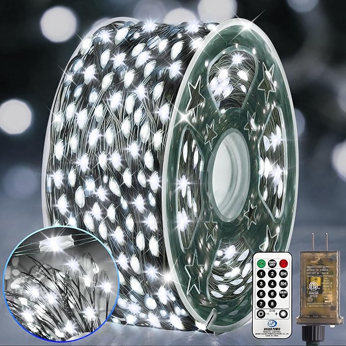 KNONEW 400FT Outdoor Christmas Fairy Lights Plug in,1200 LED String Lights Outdoor Waterproof 8 Modes Memory Times for Wedding Bedroom Walls Garden Trees Decoration(Cool White)