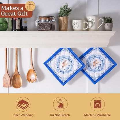 Maison d' Hermine Pot Holders 100% Cotton Heat Resistant Potholders 8" x 8" Hot Pads with Loop Cooking Baking Hotel Farmhouse Kitchen Handling Hot Pans Spring Summer (Pack of 2, Amsterdam Canals)
