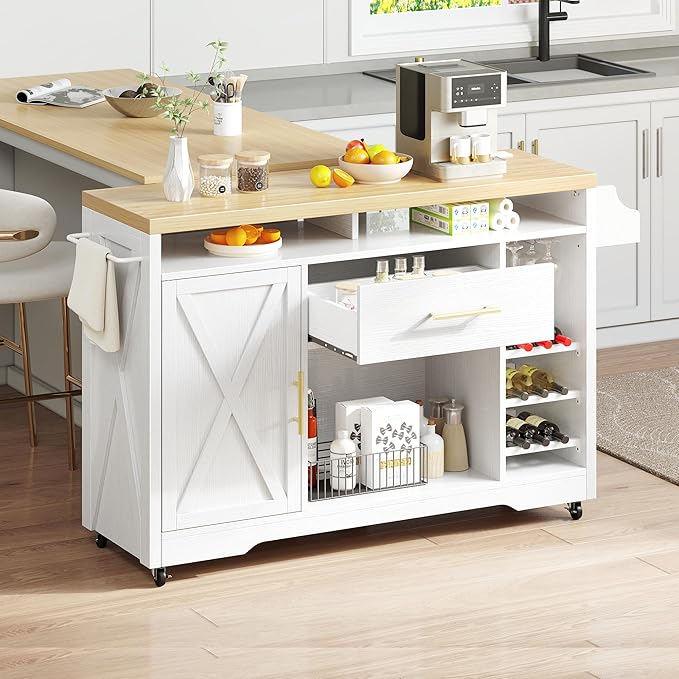 YITAHOME Large Kitchen Island with Power Outlet, Rolling Kitche Cart with Wine Rack, Mobile Storage Islands with Spice Rack Glass Holder, Island Table on Wheels for Living Room, 50 Inch Wide, White