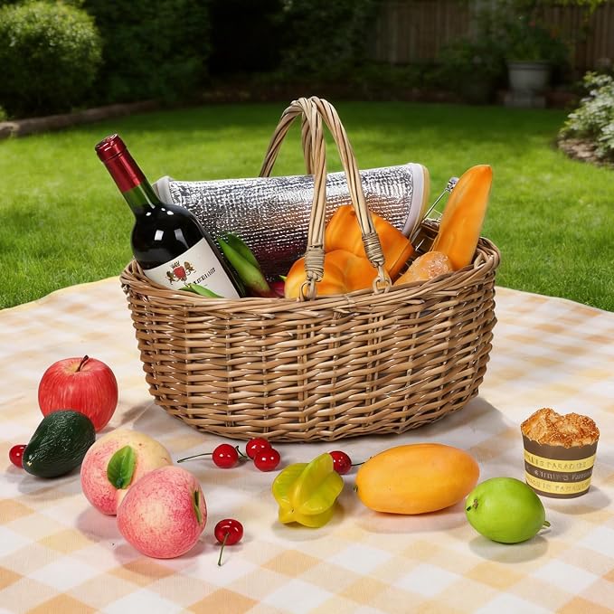 Wicker Picnic Basket 15"x11"x7" Insulated Liner Red White Blue Star | Insulated Zip Liner Helps Keep Drinks and Snacks Cool, Sturdy Woven Basket Suits Parks, Camping, Holidays and Gift Giving