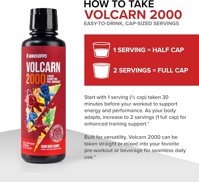Volcarn 2000 L-Carnitine Liquid Energy, Sour Kids Candy, 32 Servings | Energy booster and ATP supplement with GBEEC; Enhances focus; Caffeine-free, no artificial sweeteners