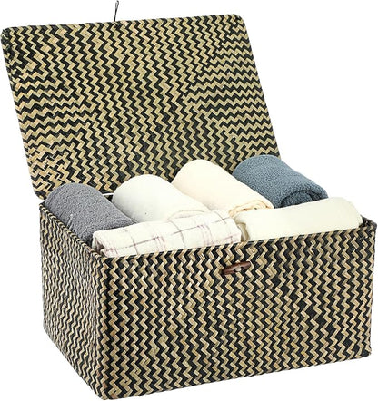 Hipiwe Wicker Shelf Baskets Bin with Lid, Handwoven Seagrass Basket Storage Bins Rectangular Household Basket Boxes for Shelf Wardrobe Home Organizer, Black,X-Large