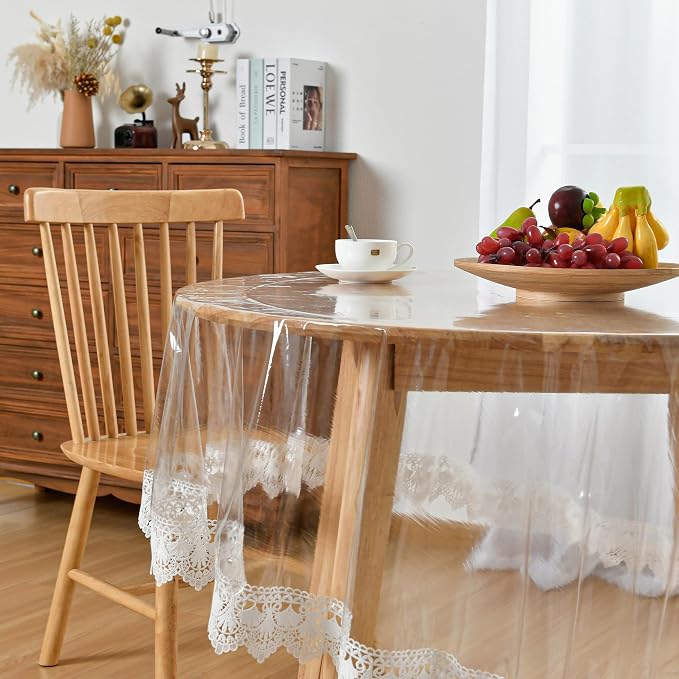 JIUZHEN 70" Round Clear Vinyl Tablecloth Protector, Waterproof/Oil-Proof, Clear Table Cover Protector, Wipe Clean, Transparent Plastic Table Cloth with Lace Edge for Kitchen Dining