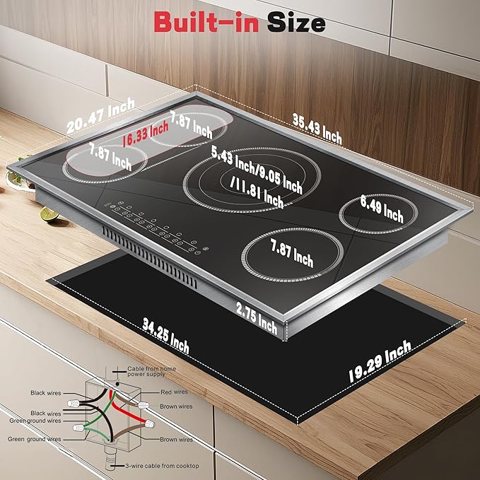 36 Inch Electric Cooktop, 5 Burner Stove Top Touch Control, 36" Glass Ceramic Stove Top 9600W with BBQ & Flexible Zone, Child Lock, Timer, Overheat Protection, 220-240V Hard Wired (No Plug)