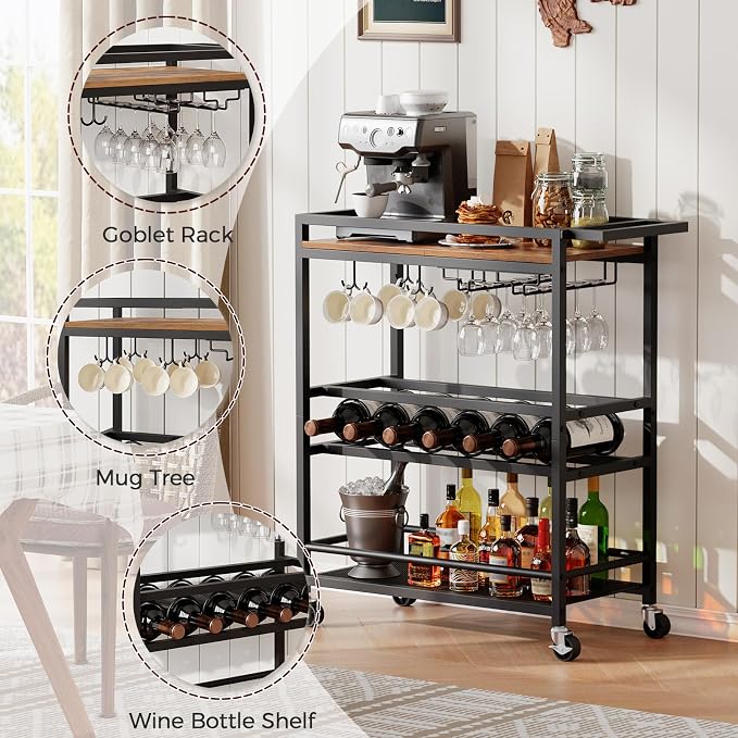 MAHANCRIS Bar Cart for Home, Kitchen Island Cart, Rolling Wine Cart with Glass Holders, 3-Tier Serving Cart with Wine Rack, Beverage Cart and Drink Cart, Rustic Brown and Black RCHR11801