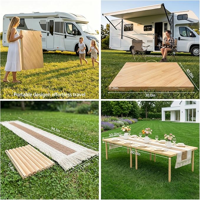 80"x30" Portable Boho Wooden Low Folding Picnic Table for Indoor Outdoor | Comes with Table Runner, Stable 8-leg Support & Thickened Structure, Thick Painted Tabletop Easy to Wipe, Fits 8-12 People