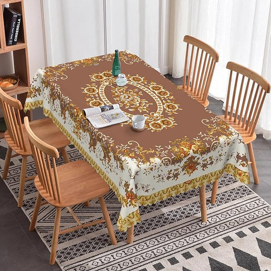 French Floral Rectangular Tablecloth Brown Flowers Tablecloths Vintage Luxury Classic Design Waterproof Rectangle Polyester Resistant Table Cover for Picnic Dinner Decor 60x120 Inch