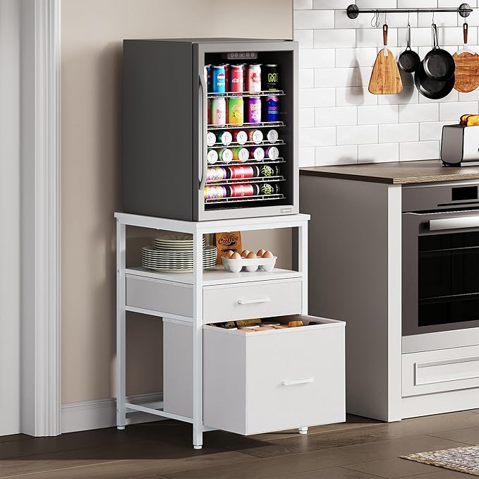 Herture Mini Fridge Stand with 3 Storage, Mini Fridge Cabinet, Beverage Fridge Table, Heavy Duty 18.11" L* 18.11" W Tabletop, for Dorm, Apartment,Office, Bedroom Black HB03BXW