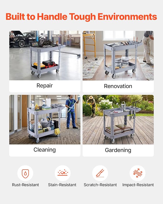 VEVOR Utility Cart, 550 lbs Capacity, 2 Tier Service Cart with 360° Swivel & Fixed Wheels (2 with Brakes), Heavy Duty Plastic Rolling with Storage Tray, Tool Storage for Garage Warehouse Workshop