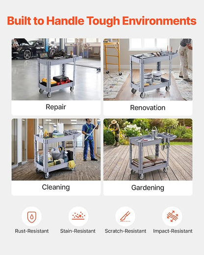 VEVOR Utility Cart, 550 lbs Capacity, 2 Tier Service Cart with 360° Swivel & Fixed Wheels (2 with Brakes), Heavy Duty Plastic Rolling with Storage Tray, Tool Storage for Garage Warehouse Workshop