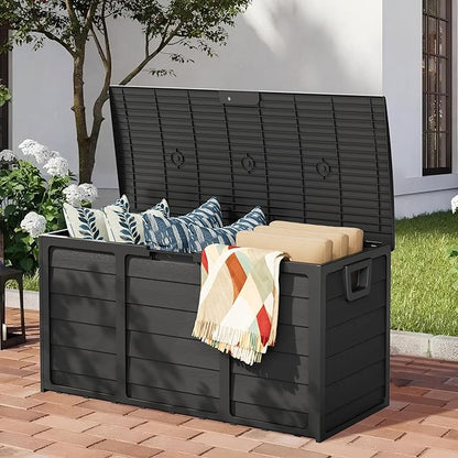 75 Gallon Outdoor Deck Storage Box – Heavy Duty Resin with Lockable Lid,UV Resistant for Patio Furniture, Garden Tools,Black