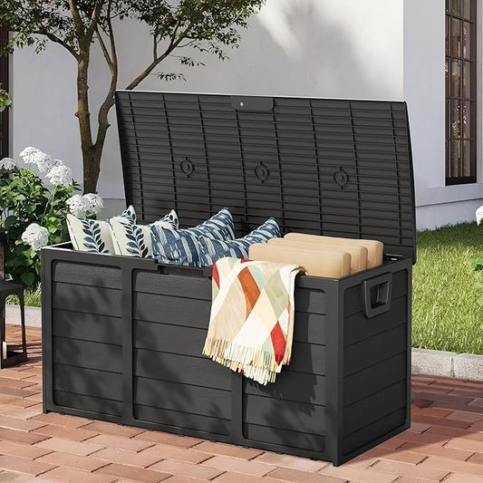 75 Gallon Outdoor Deck Storage Box – Heavy Duty Resin with Lockable Lid,UV Resistant for Patio Furniture, Garden Tools,Black