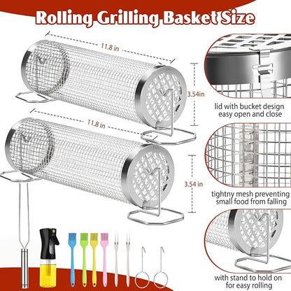 Grill Baskets for Outdoor Grill- 2 PCS, Rolling Grilling Basket, Stainless Steel BBQ Grill Mesh Grilling Accessories for Fish, Shrimp, Meat, Veggies, Fries, Grilling Gift for Men Dad Husband