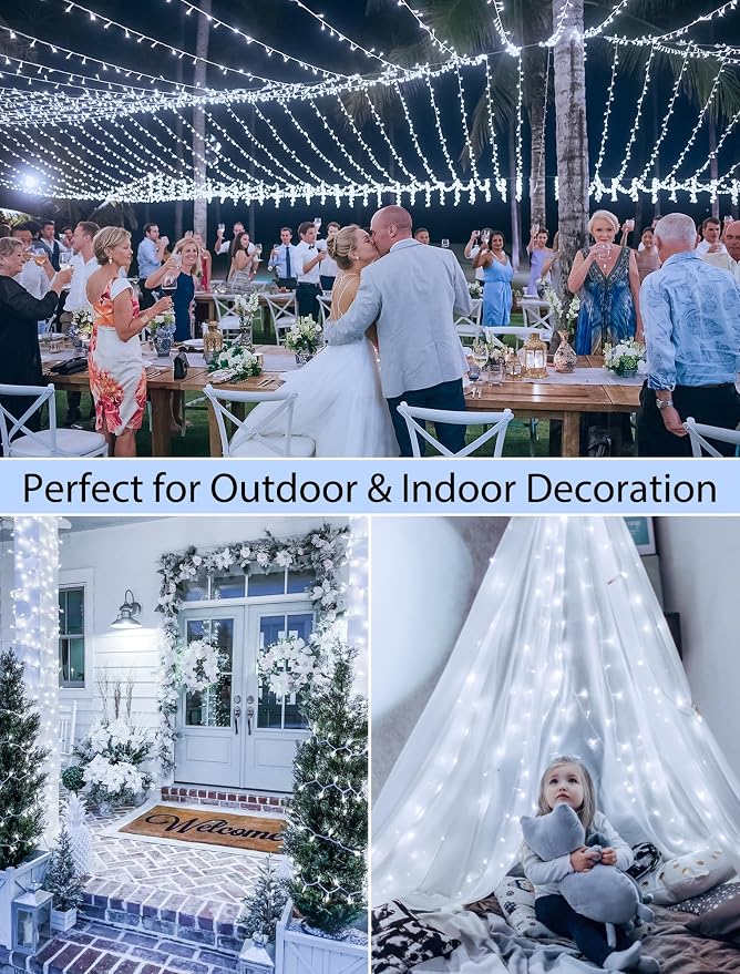 Cool White Christmas String Lights, 98FT 200 LED Fairy Lights Indoor | Up to 8 Sets, 8 Modes with Memory, Connectable, Transparent Wire, IP65 Waterproof Outdoor Decor for Classroom, dorm, Bedroom