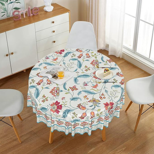 Flower Round Tablecloth Waterproof Spring Summer Circle Table Cloth for Kitchen Dinning Table Decor Vintage Boho Washable Seasonal Table Cover for Indoor Outdoor Restaurant Home 70x70 Inch