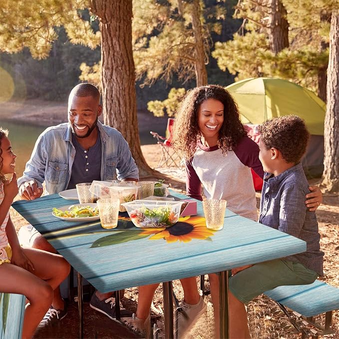 Blue Wood Grain Fitted Picnic Table Cover with Bench Covers, Spring Sunflower Flowers Print Elastic Edge Fitted Table Cover, 3 Pieces Set, 72x28 Inch, Great for Picnic Party Outdoor Patio Use