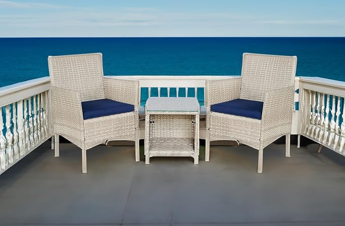 Outdoor Wicker Conversation 3 Piece Bistro Set Garden Patio Yard Porch Furniture Space Saving Pe Rattan 2 Chairs Cushions Side Storage Glass Table Stone Gray/Navy Blue 3pc