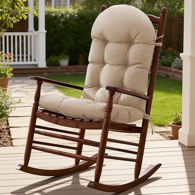 Rocking Chair Cushions, Indoor/Outdoor Adirondack Chair Cushion, Waterproof and Fade-Resistant Rocking Chairs Pads, Non-Slip Tufted High Back Patio Chairs Cushions with Ties, 44x19x4 Inch, Beige