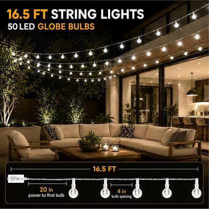 Crystal Globe String Lights 2500mAh Rechargeable Battery Operated | 16FT 50LED Outdoor Waterproof with Remote, Timer & 8 Modes, Fairy Lights for Yard Garden Patio Wedding Christmas (White)