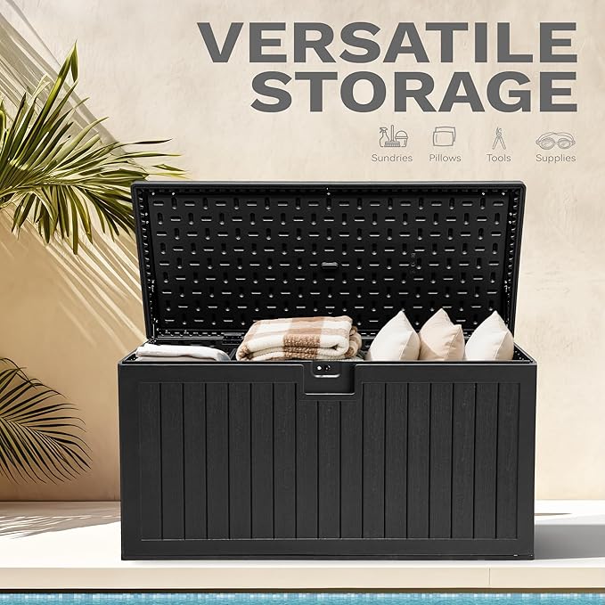 DWVO 180 Gallon Double-Wall Deck Box, XL Large Resin Outdoor Storage Box, Lockable & Waterproof, Double as Seating, 1000lbs Capacity (Black)