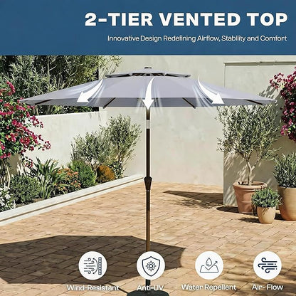 Patio Umbrella, 2 Tier Outdoor Table Umbrella, Large Vented Market Umbrellas with Push Button Tilt and Crank, 8 Sturdy Ribs for Backyard, Deck, Pool, UPF50+ UV Protection