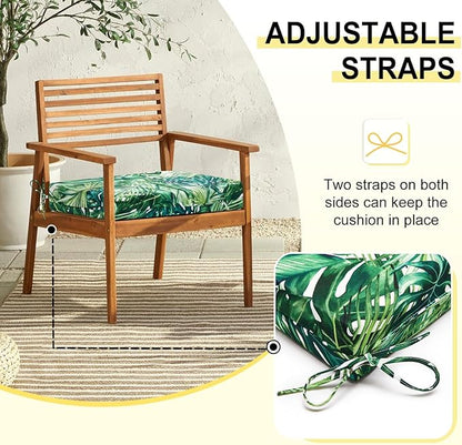 downluxe Outdoor Chair Cushions Set of 6 for Patio Furniture, Water-Resistant Square Corner Patio Chair Cushions with Ties, High Density Foam Outdoor Seat Cushion, 18.5" X 16" X 3", Palm Leaves