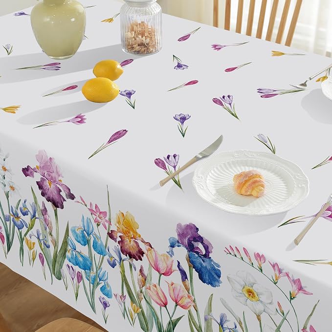 SASTYBALE Spring Summer Tablecloth 60 x 84 Inch Rectangle, Wild Flowers Floral tablecloths, Stain Resistant Wrinkle Free Table Covers Table Cover for Party Picnic Dinner Decor, Whiter