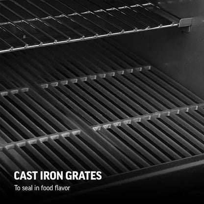 Char-Griller® Texas Trio 3-Burner Gas & Charcoal Grill and Smoker, Push Button to Ignite, Dual temperature Guages, Side Burner, Includes Side Firebox, 1,390 Cooking Square Inches, Black, Model# 3070