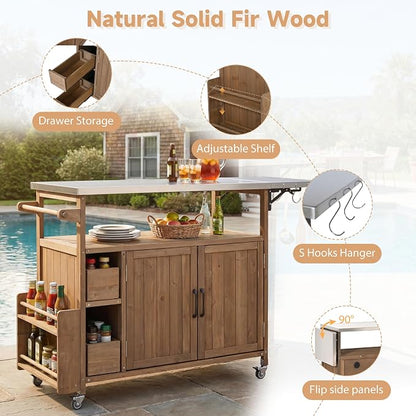 Christopher Knight Home Edsel Outdoor Bar Cart with Stainless Steel Top and Lockable Wheels, Solid Wood Outdoor Storage Cabinet, Kitchen Island Serving Cart for Poolside, Garden, Natural Brown+Silver