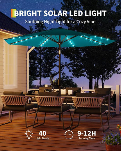 GarveeLife 10 ft Patio Umbrella with Solar Lights, 8 Ribs Outdoor Market Table Umbrella with 40 LED Lights & Tilt Crank for Pool, Deck, Backyard (Turquoise)